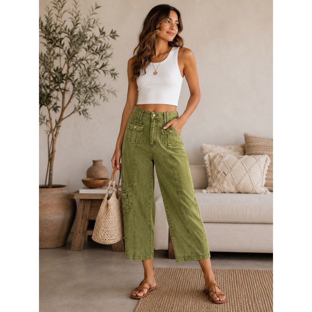 Earthbound Green Cargo Pants High Rise Wide Leg Utility Trousers